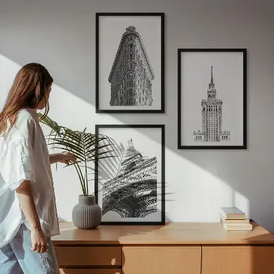 Gerahmtes Bilderset architektonische Gebäude in Schwarz-Weiß