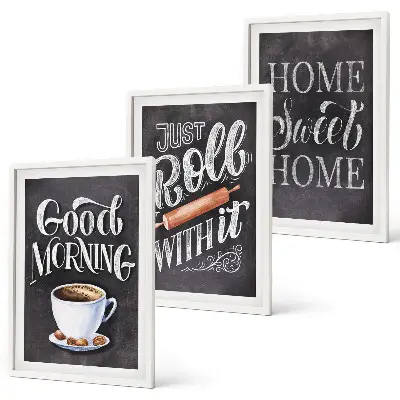 Küchenbilder als 3er Set mit Rahmen mit dekorativen Motiven und Inschriften