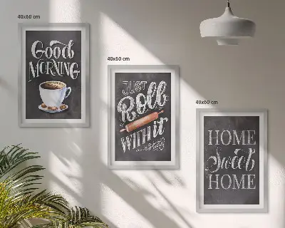 Küchenbilder als 3er Set mit Rahmen mit dekorativen Motiven und Inschriften