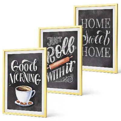 Küchenbilder als 3er Set mit Rahmen mit dekorativen Motiven und Inschriften