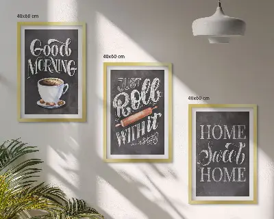 Küchenbilder als 3er Set mit Rahmen mit dekorativen Motiven und Inschriften