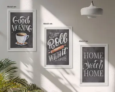 Küchenbilder als 3er Set mit Rahmen mit dekorativen Motiven und Inschriften