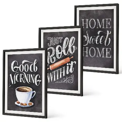 Küchenbilder als 3er Set mit Rahmen mit dekorativen Motiven und Inschriften