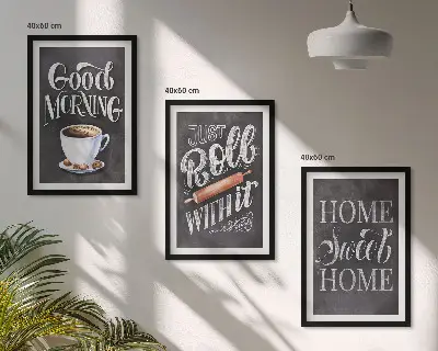 Küchenbilder als 3er Set mit Rahmen mit dekorativen Motiven und Inschriften