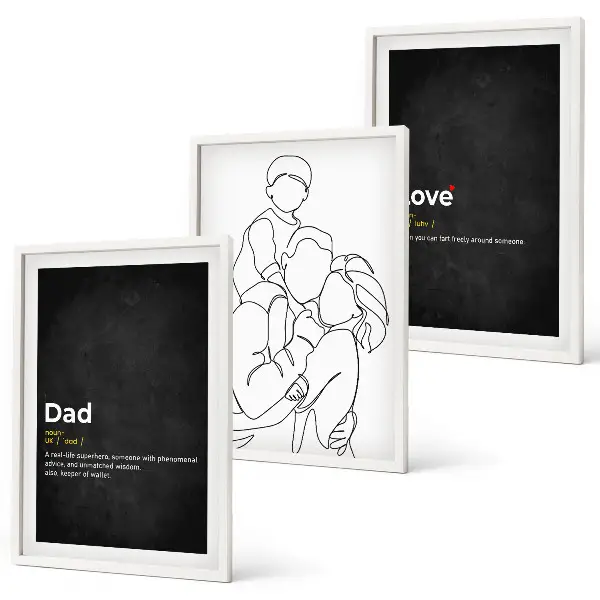 Bilder-3er-Set mit Rahmen Familiengeschichte, Kunst, Liebe und Vaterschaft