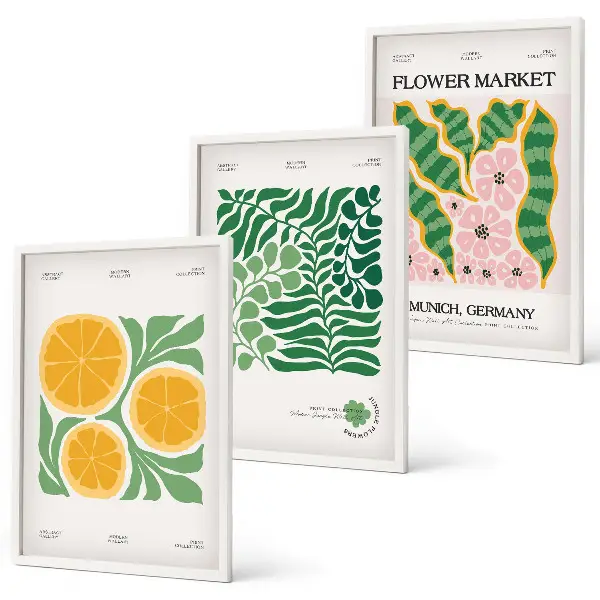 Bilder-3er-Set mit Rahmen mit pastellfarbenen Frucht- und Pflanzenmotiven