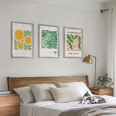 Bilder-3er-Set mit Rahmen mit pastellfarbenen Frucht- und Pflanzenmotiven