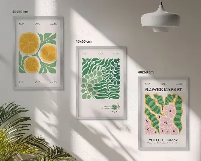 Bilder-3er-Set mit Rahmen mit pastellfarbenen Frucht- und Pflanzenmotiven