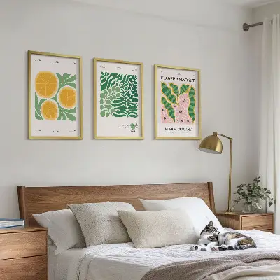 Bilder-3er-Set mit Rahmen mit pastellfarbenen Frucht- und Pflanzenmotiven