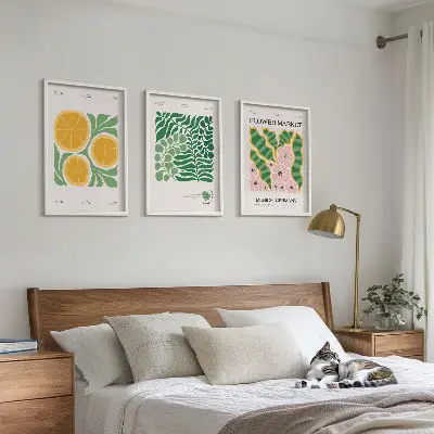 Bilder-3er-Set mit Rahmen mit pastellfarbenen Frucht- und Pflanzenmotiven