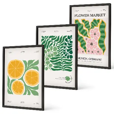 Bilder-3er-Set mit Rahmen mit pastellfarbenen Frucht- und Pflanzenmotiven