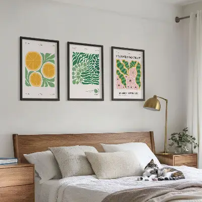 Bilder-3er-Set mit Rahmen mit pastellfarbenen Frucht- und Pflanzenmotiven