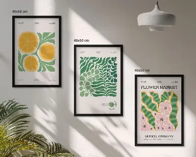 Bilder-3er-Set mit Rahmen mit pastellfarbenen Frucht- und Pflanzenmotiven