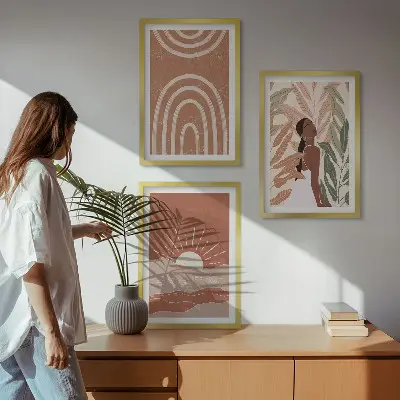 3er-Set Bilder mit Rahmen mit abstrakten Formen im Boho-Stil