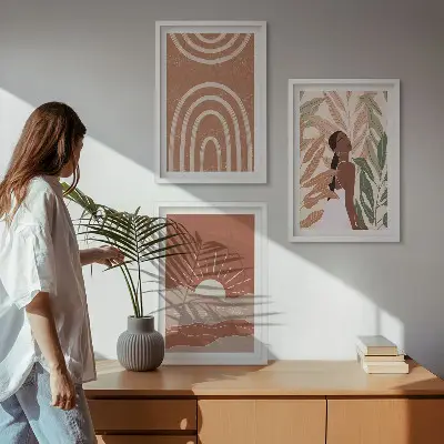 3er-Set Bilder mit Rahmen mit abstrakten Formen im Boho-Stil