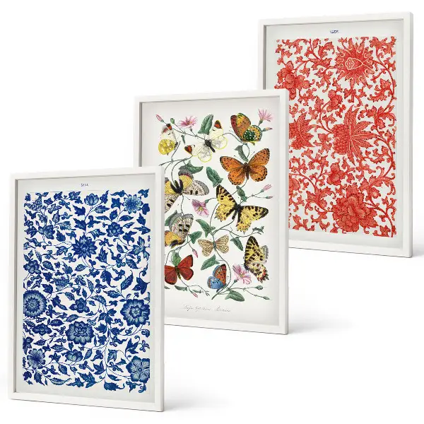 Bilder-Set mit Vintage-Blumen- und Schmetterlingsmotiven gerahmt