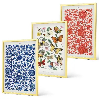 Bilder-Set mit Vintage-Blumen- und Schmetterlingsmotiven gerahmt