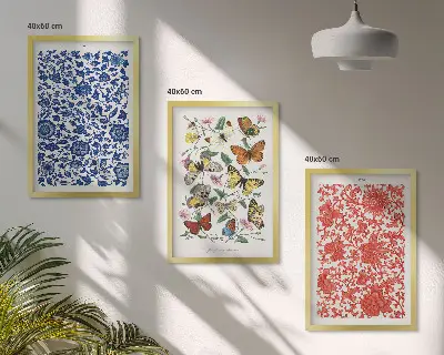 Bilder-Set mit Vintage-Blumen- und Schmetterlingsmotiven gerahmt