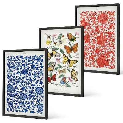 Bilder-Set mit Vintage-Blumen- und Schmetterlingsmotiven gerahmt