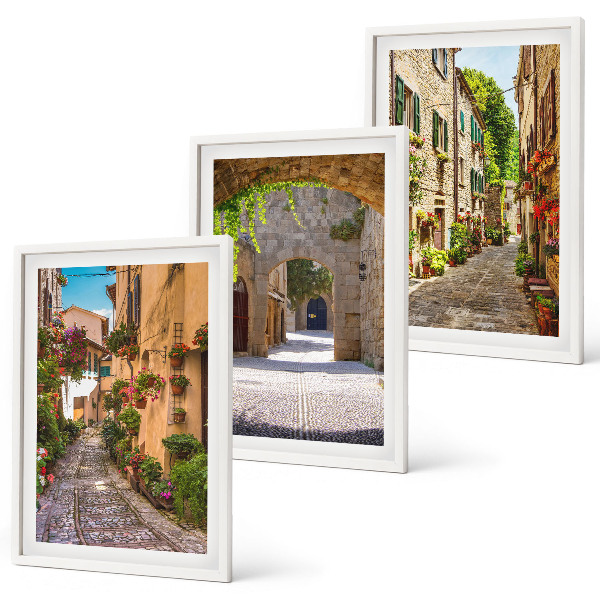 Bilder-3er-set mit rahmen Italienische Straßen, Blumen, Architektur