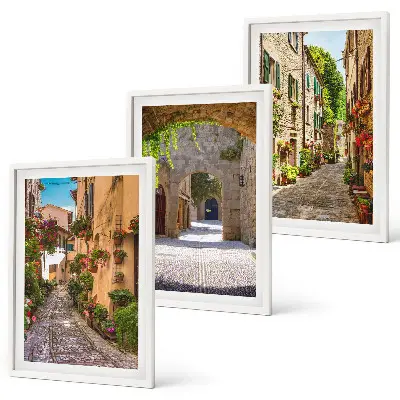 3er-Set Bilder mit Rahmen italienische Straßen, Blumen und Architektur
