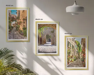 3er-Set Bilder mit Rahmen italienische Straßen, Blumen und Architektur