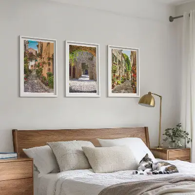 3er-Set Bilder mit Rahmen italienische Straßen, Blumen und Architektur