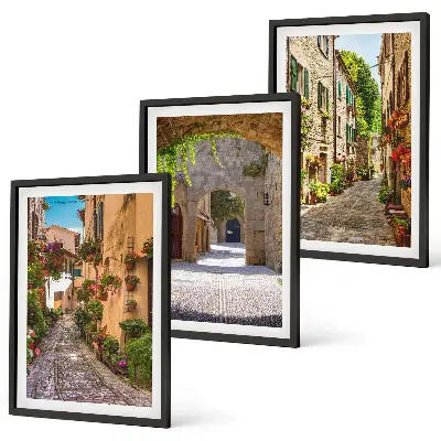 3er-Set Bilder mit Rahmen italienische Straßen, Blumen und Architektur