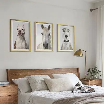 Gerahmtes Bilderset mit eleganten Porträts von Hunden und Pferden