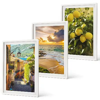 Gerahmtes Bilderset mit Motiven von Straßen, Meer, Strand und Zitrusbäumen