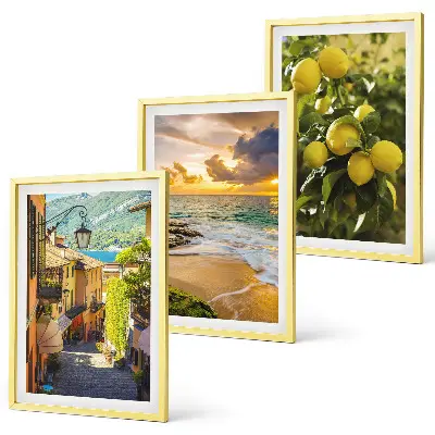 Gerahmtes Bilderset mit Motiven von Straßen, Meer, Strand und Zitrusbäumen