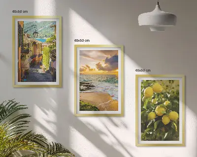 Gerahmtes Bilderset mit Motiven von Straßen, Meer, Strand und Zitrusbäumen
