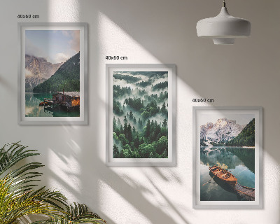 Gerahmtes bilderset Bergsee, Boot, Waldnebel