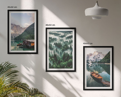 Gerahmtes bilderset Bergsee, Boot, Waldnebel