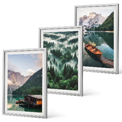 Gerahmtes bilderset Bergsee, Boot, Waldnebel
