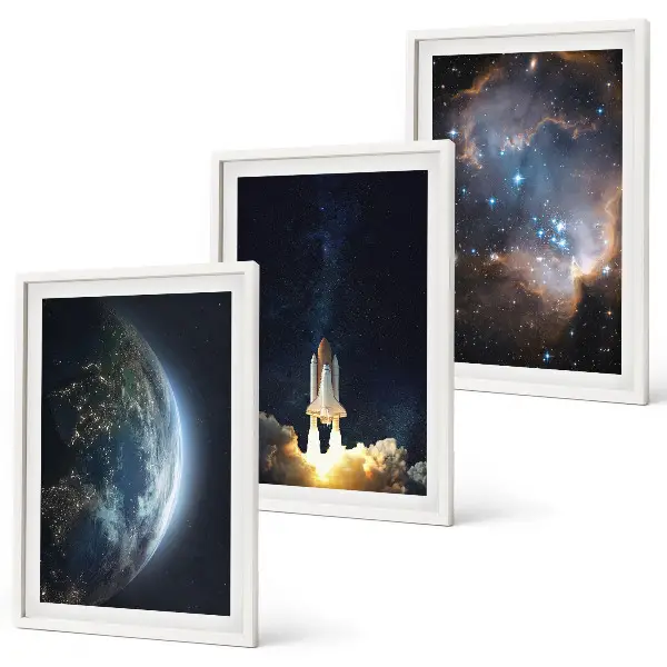 Gerahmtes Bilderset mit Motiven von Weltraum, Erde, Rakete und Galaxie