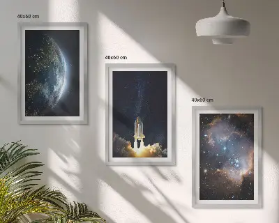 Gerahmtes Bilderset mit Motiven von Weltraum, Erde, Rakete und Galaxie