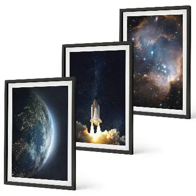 Gerahmtes Bilderset mit Motiven von Weltraum, Erde, Rakete und Galaxie