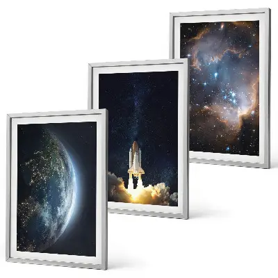 Gerahmtes Bilderset mit Motiven von Weltraum, Erde, Rakete und Galaxie