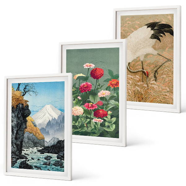 Bilder-3er-set mit rahmen Berglandschaft, Fluss, Blumen, Kraniche