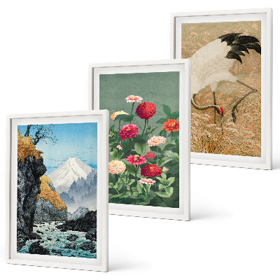 Bilder-3er-set mit rahmen Berglandschaft, Fluss, Blumen, Kraniche