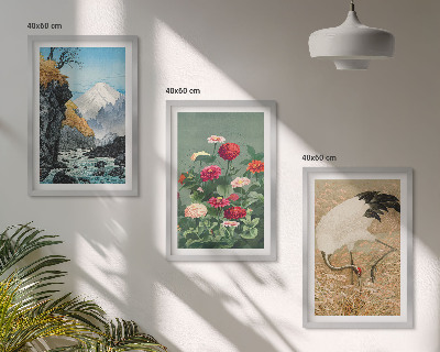 Bilder-3er-set mit rahmen Berglandschaft, Fluss, Blumen, Kraniche