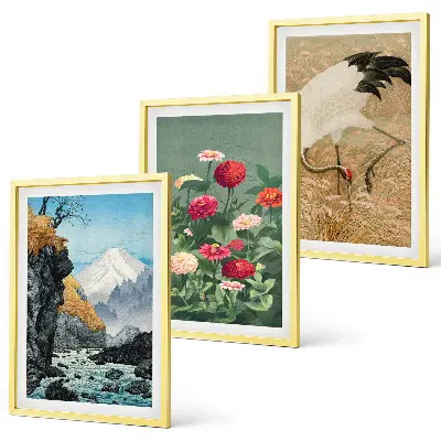 3er-Set Wandbilder mit Rahmen Berglandschaft mit Fluss, Blumen und Kranichen