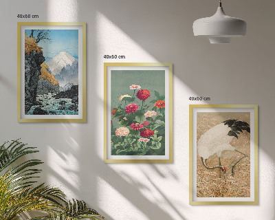 Bilder-3er-set mit rahmen Berglandschaft, Fluss, Blumen, Kraniche