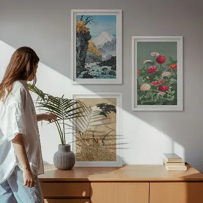 3er-Set Wandbilder mit Rahmen Berglandschaft mit Fluss, Blumen und Kranichen