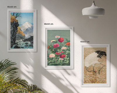 Bilder-3er-set mit rahmen Berglandschaft, Fluss, Blumen, Kraniche