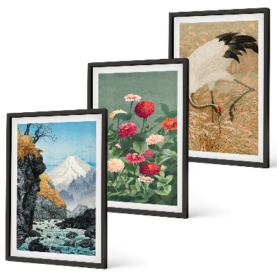 Bilder-3er-set mit rahmen Berglandschaft, Fluss, Blumen, Kraniche
