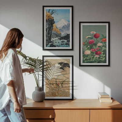 Bilder-3er-set mit rahmen Berglandschaft, Fluss, Blumen, Kraniche