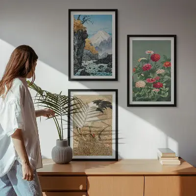 3er-Set Wandbilder mit Rahmen Berglandschaft mit Fluss, Blumen und Kranichen