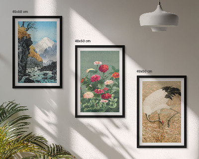 Bilder-3er-set mit rahmen Berglandschaft, Fluss, Blumen, Kraniche